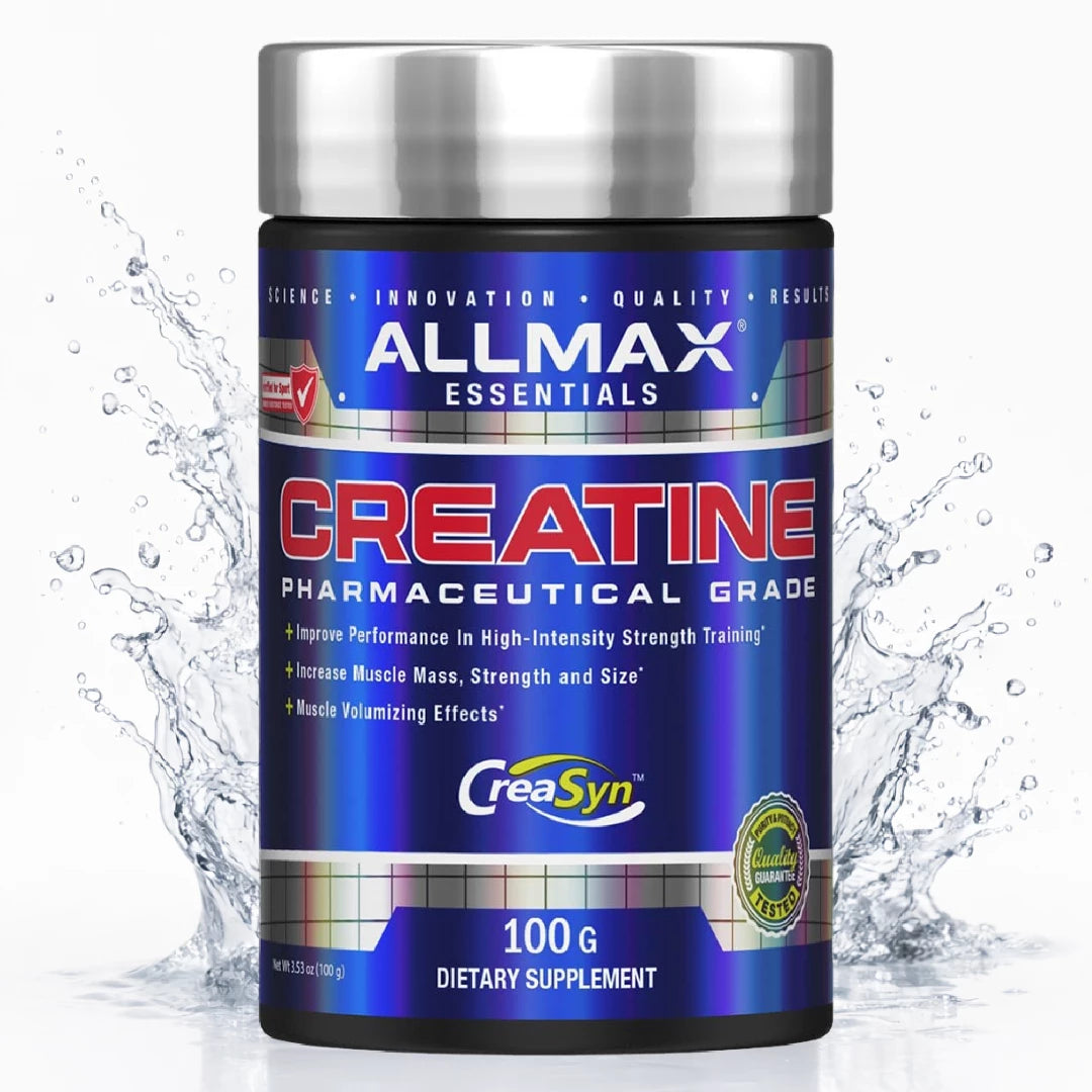 Allmax Essentials Creatine supplement container with water splash effect