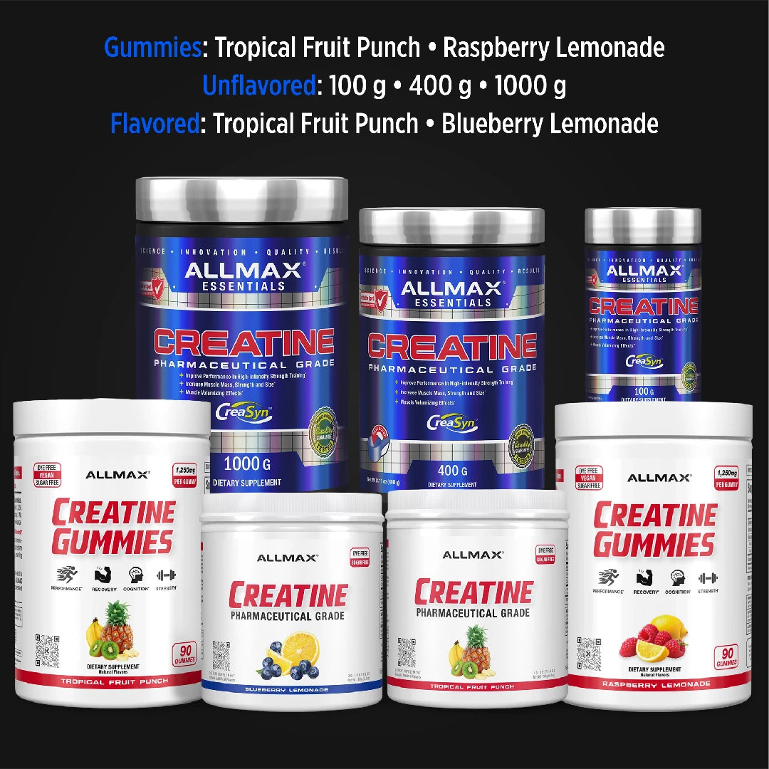 Collection of Allmax Essentials creatine products including powders and gummies on a black background.