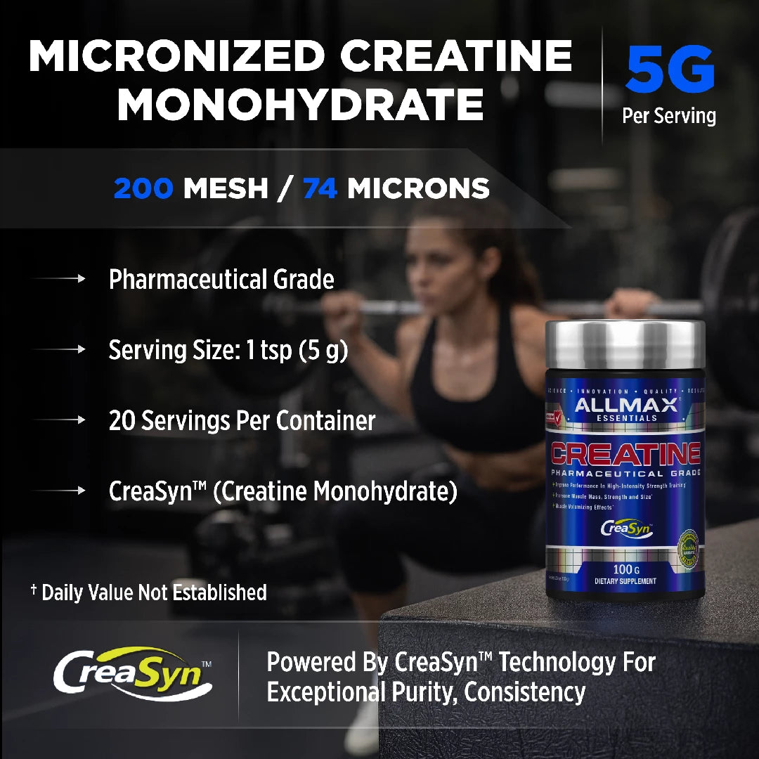 Allmax Creatine supplement with product details and a blurred person in the background