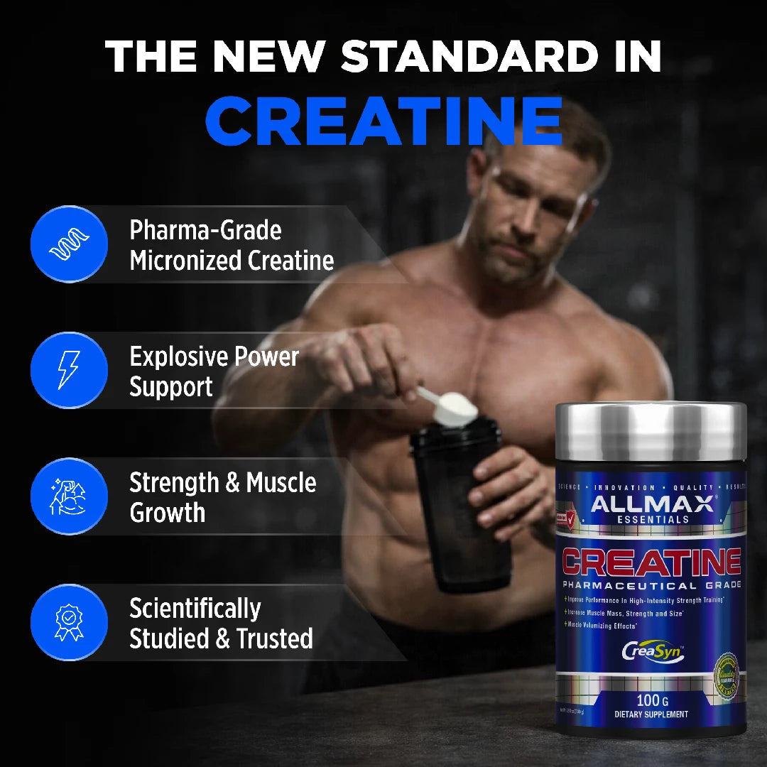 Allmax Essentials Creatine supplement with a muscular man and product details on a dark background