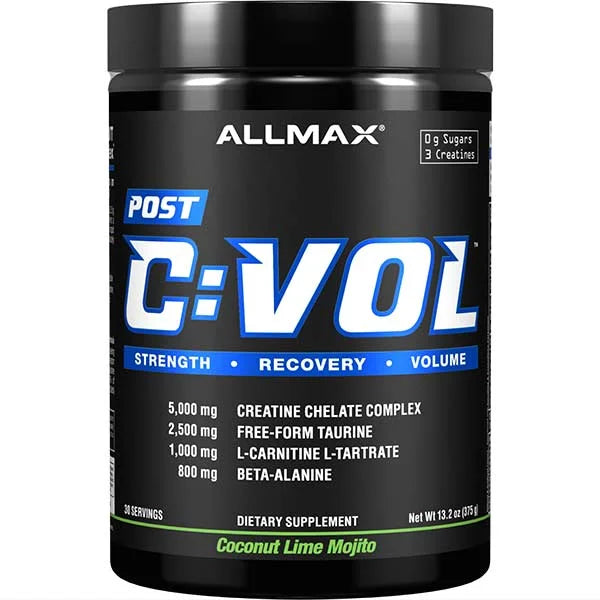 Allmax C:VOL post-workout muscle recovery supplement in Coconut Lime Mojito flavor for increased strength.