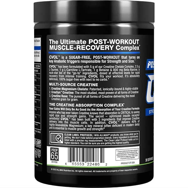 Allmax CVOL muscle recovery supplement left side view highlighting creatine ingredients for improved post-workout strength.