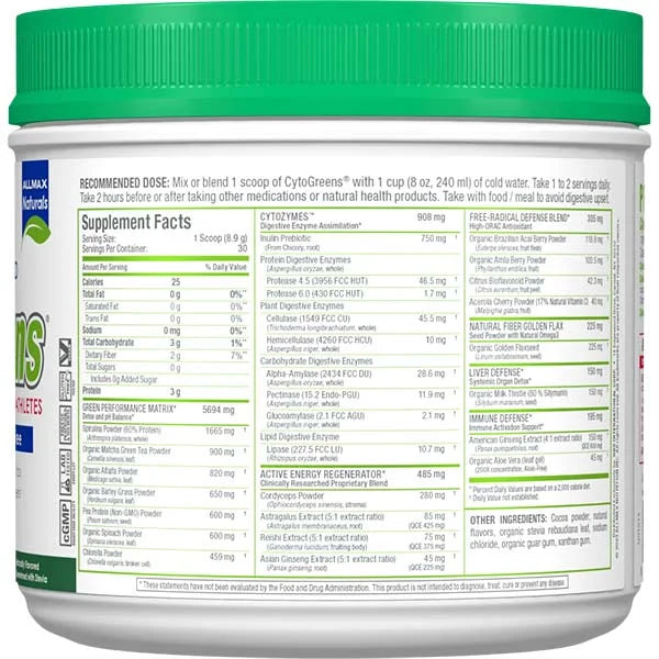 Allmax CytoGreens Acai Berry right view showing the nutrient-dense supplement facts for high-performance detox support.