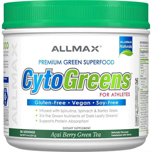 CytoGreens for Athletes Açai Berry Green Tea superfood powder for nutrient density and protein absorption.