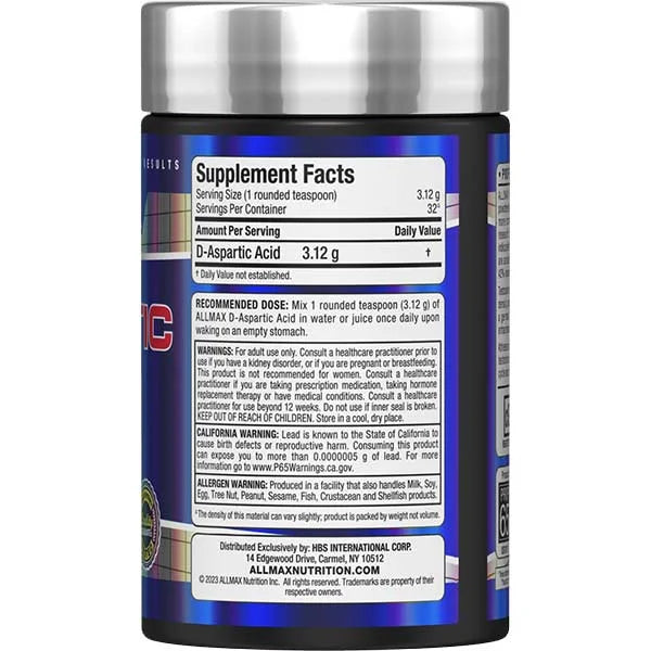 Allmax Nutrition D-Aspartic Acid right side view showing supplement facts for natural testosterone support.