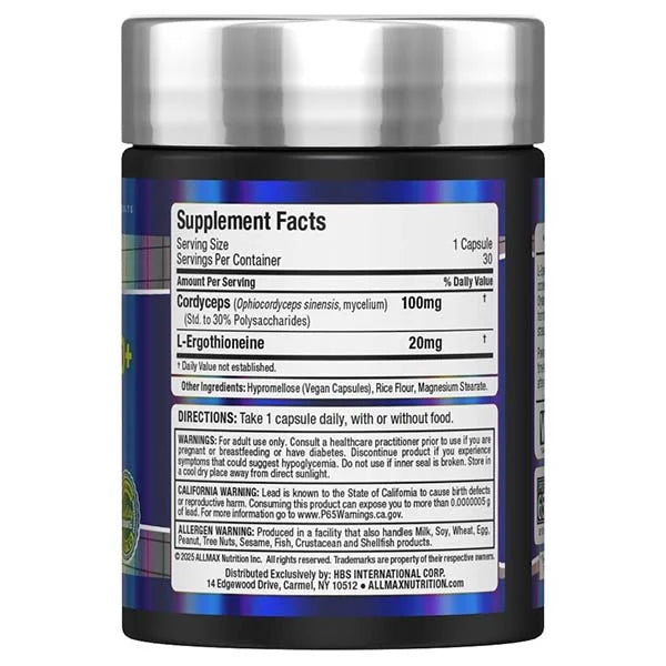 ALLMAX EGT20+ right side view highlighting L-Ergothioneine content for enhanced muscle recovery support.