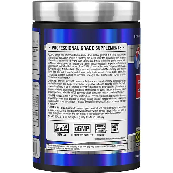 Allmax Essentials BCAA 400g left view showing 2:1:1 ratio supplement facts for muscle recovery.