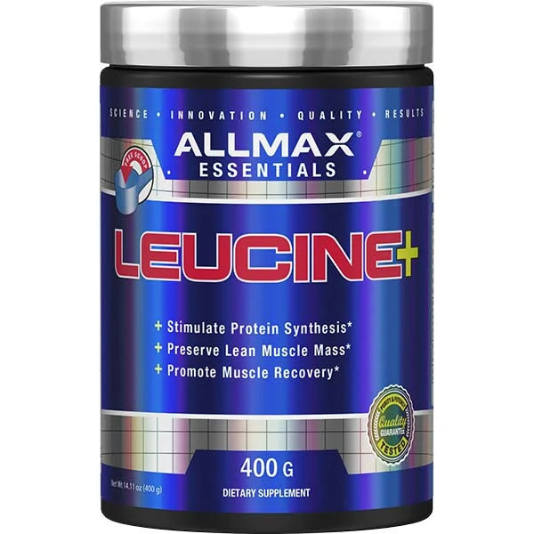 ALLMAX Essentials Leucine+ powder in a 400g container to help stimulate protein synthesis and muscle recovery.
