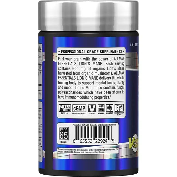 Allmax Essentials Lion's Mane left side view showing 600mg dosage for improved mental focus and clarity.
