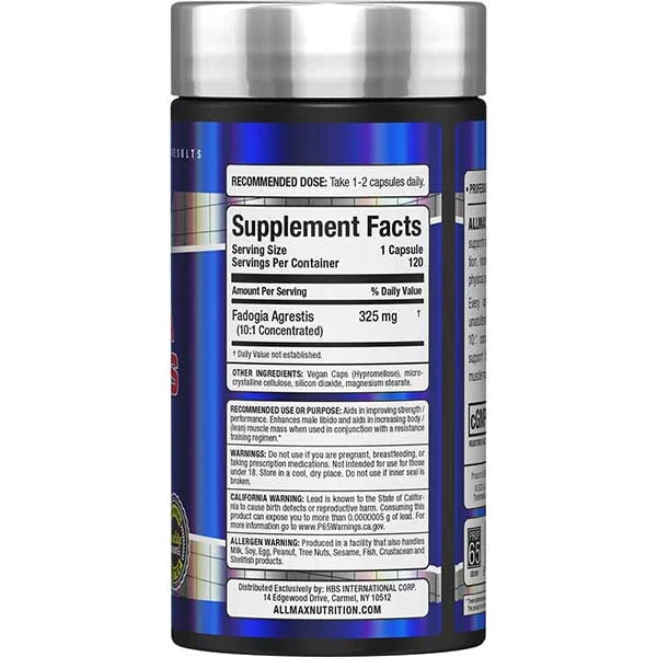 Allmax Fadogia Agrestis 120 capsules right side view showing supplement facts for performance support.