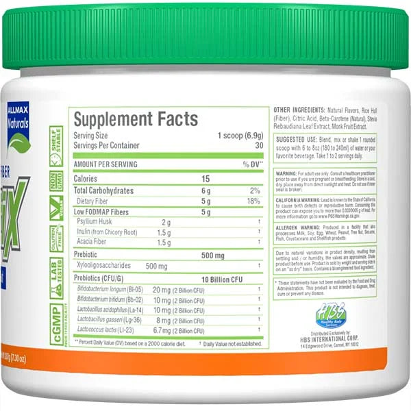 Allmax FiberBiotix 30 servings right side view showing probiotic facts for digestive health.