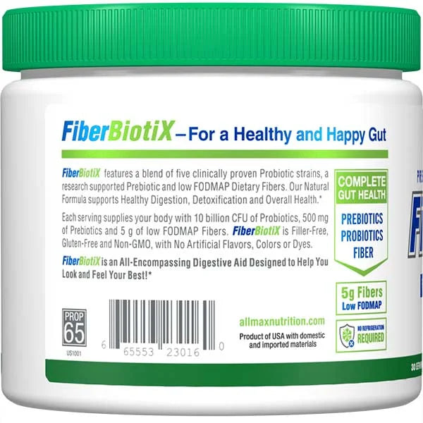 Allmax Naturals FiberBiotix right view displaying prebiotic fiber and probiotic facts for digestive support.