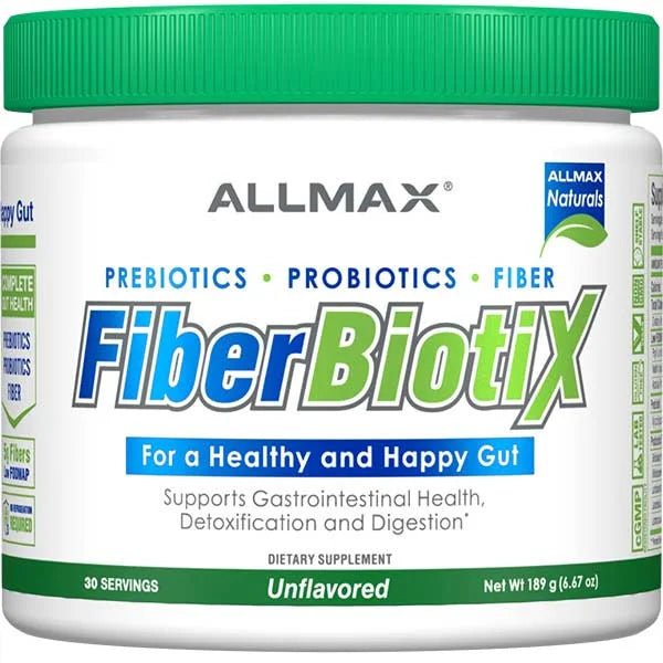 FiberBiotix unflavored supplement featuring prebiotics and probiotics to support a healthy and happy gut.