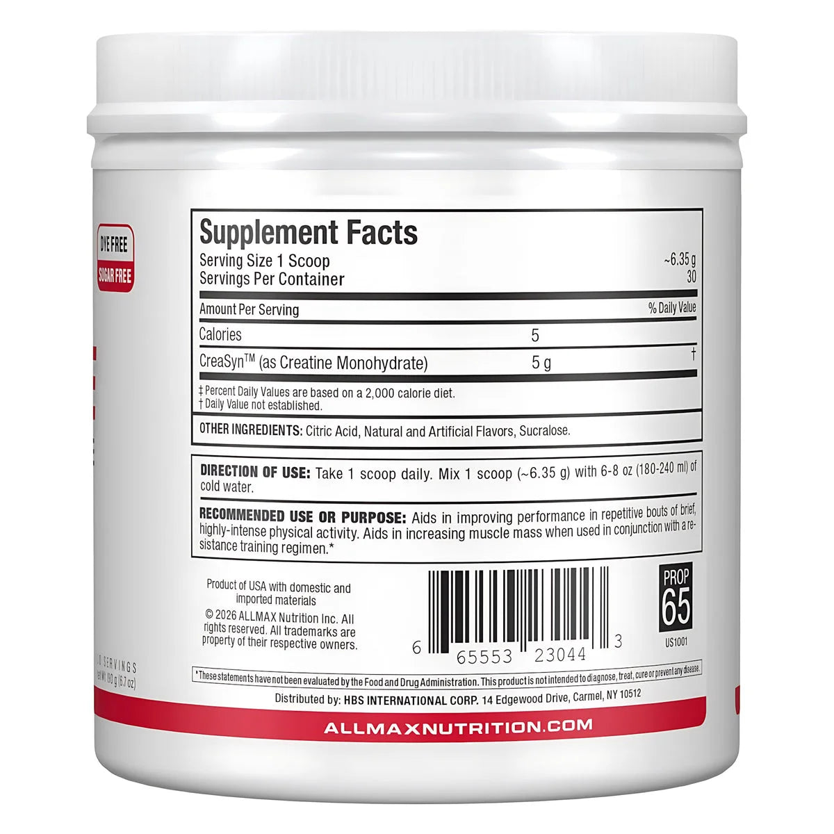 Allmax Flavored Creatine Tropical Fruit Punch container showing supplement facts and muscle building benefits.
