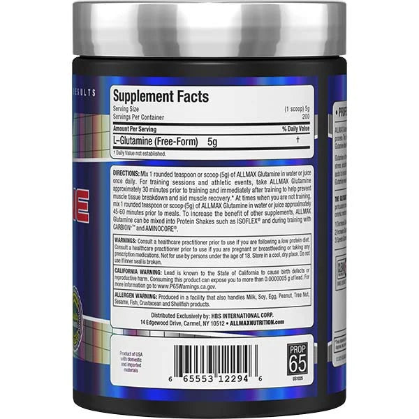 Allmax Nutrition Glutamine 1000g right side view displaying supplement facts for muscle recovery support.