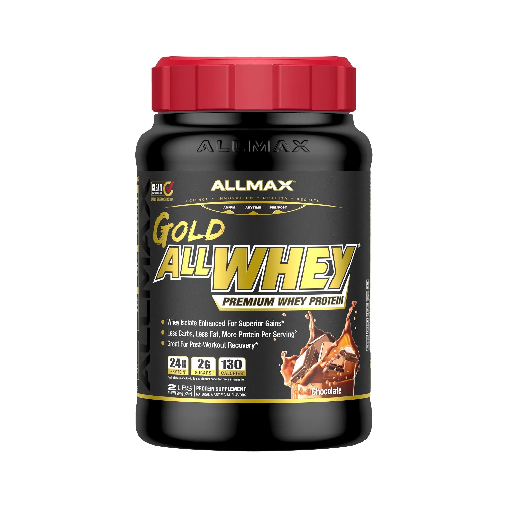 A bottle of Allmax Gold AllWhey Premium Whey Protein in Chocolate flavor, featuring a black container, red cap, and gold and white lettering on a white background.