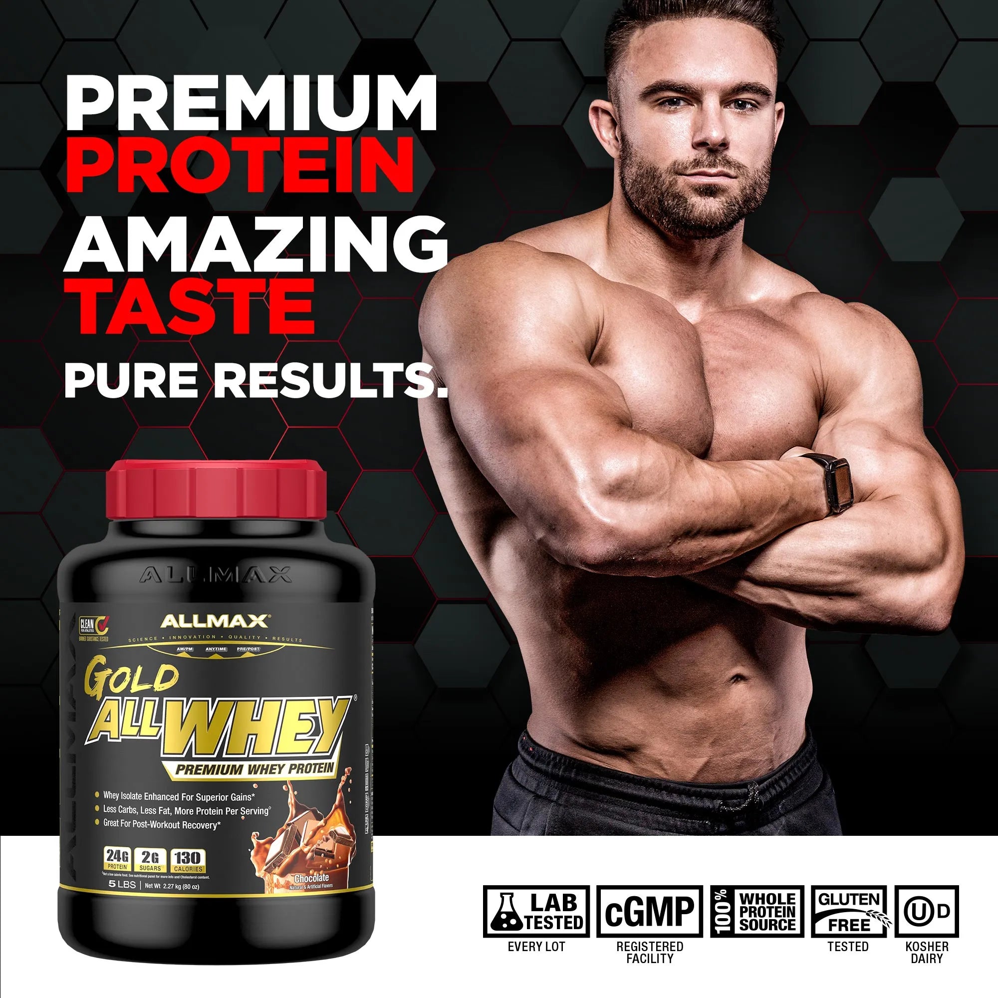 A muscular man stands with arms crossed next to a tub of Allmax Gold AllWhey protein powder on a dark hexagonal background with promotional text reading 'PREMIUM PROTEIN AMAZING TASTE PURE RESULTS.'.