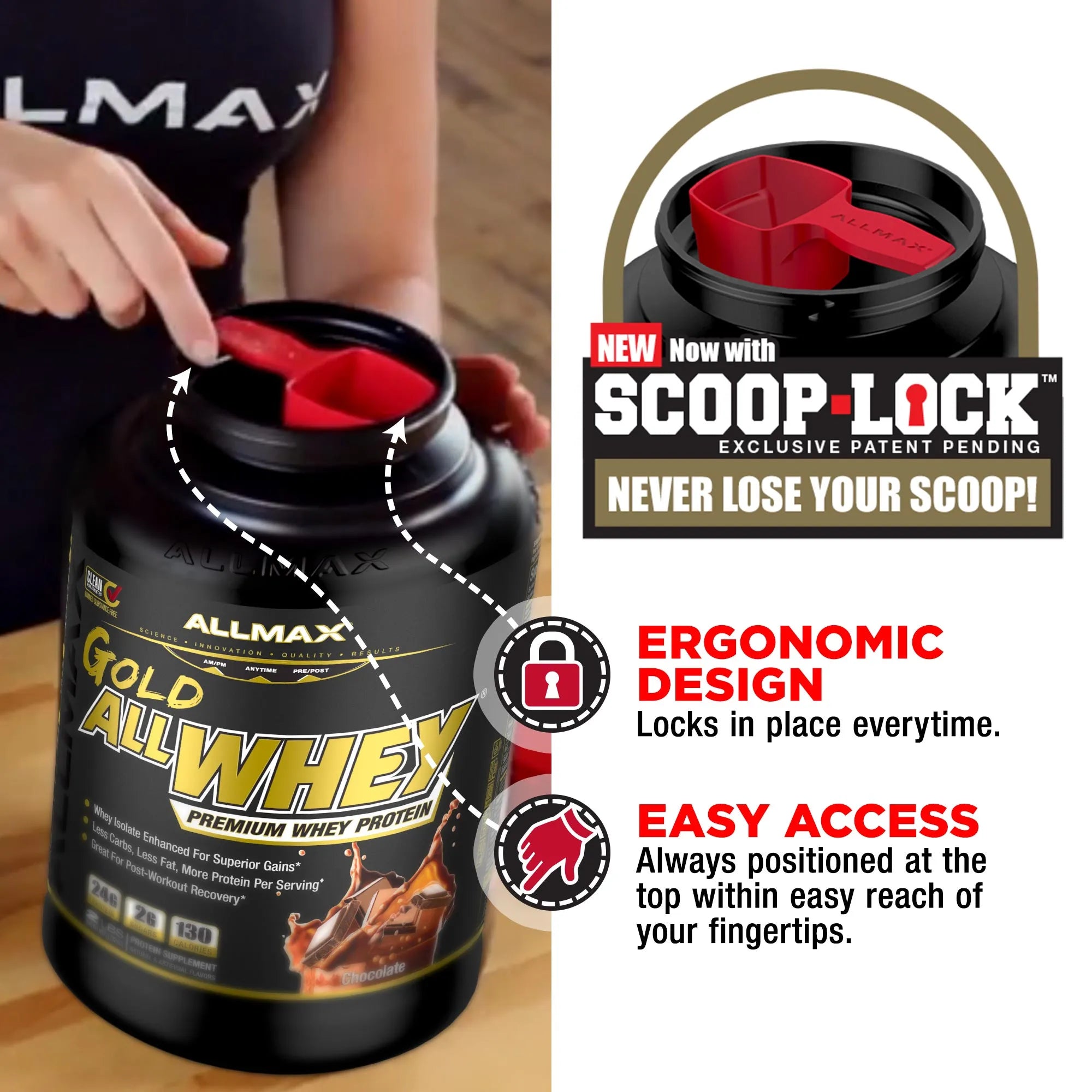 AllMax Gold AllWhey protein powder container with scoop and features highlighted