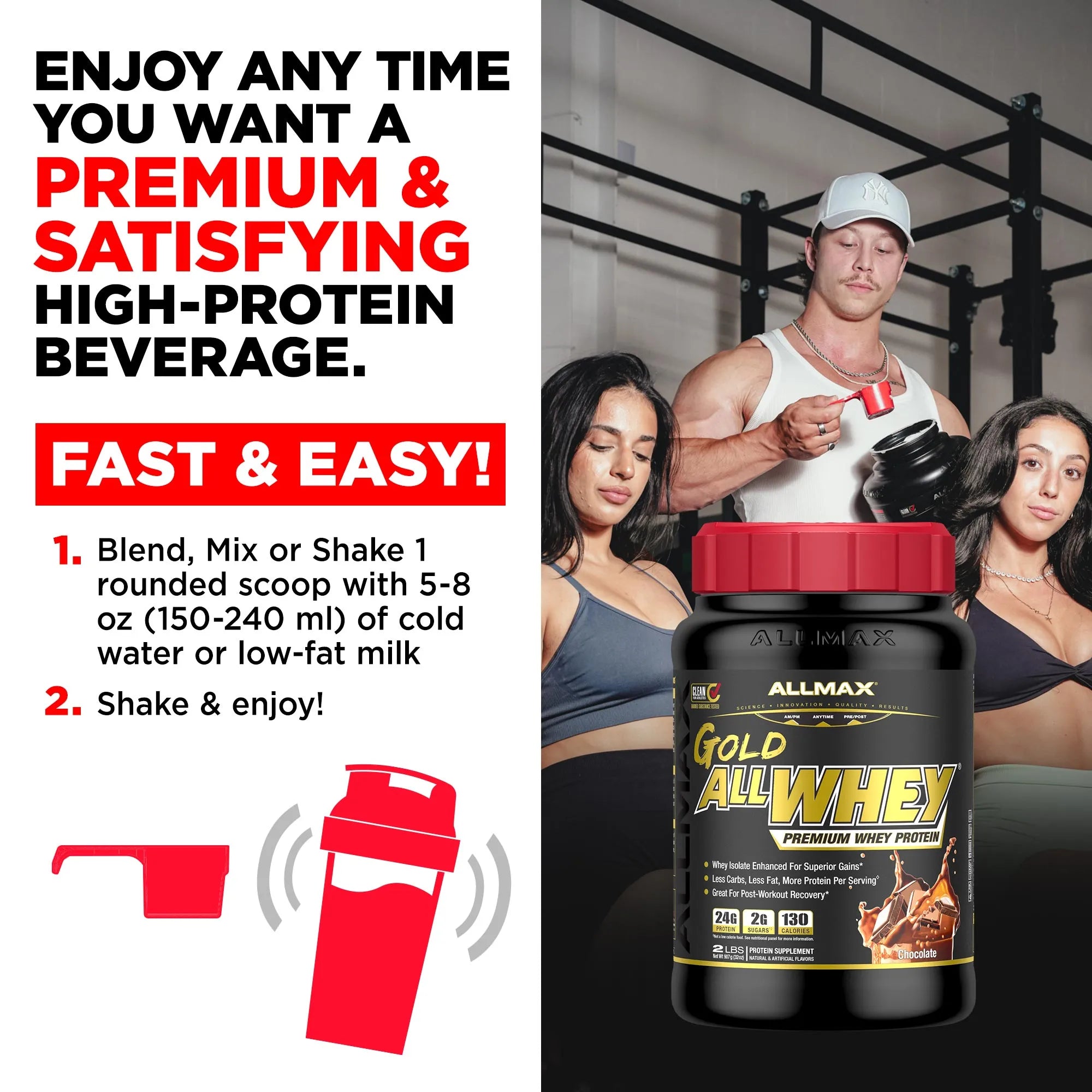 Promotional graphic for Allmax Gold Allwhey Premium Whey Protein. The left side features text explaining the easy shake-and-enjoy process with a red shaker bottle icon, while the right side shows three people in a gym with a large jar of the product in the foreground.