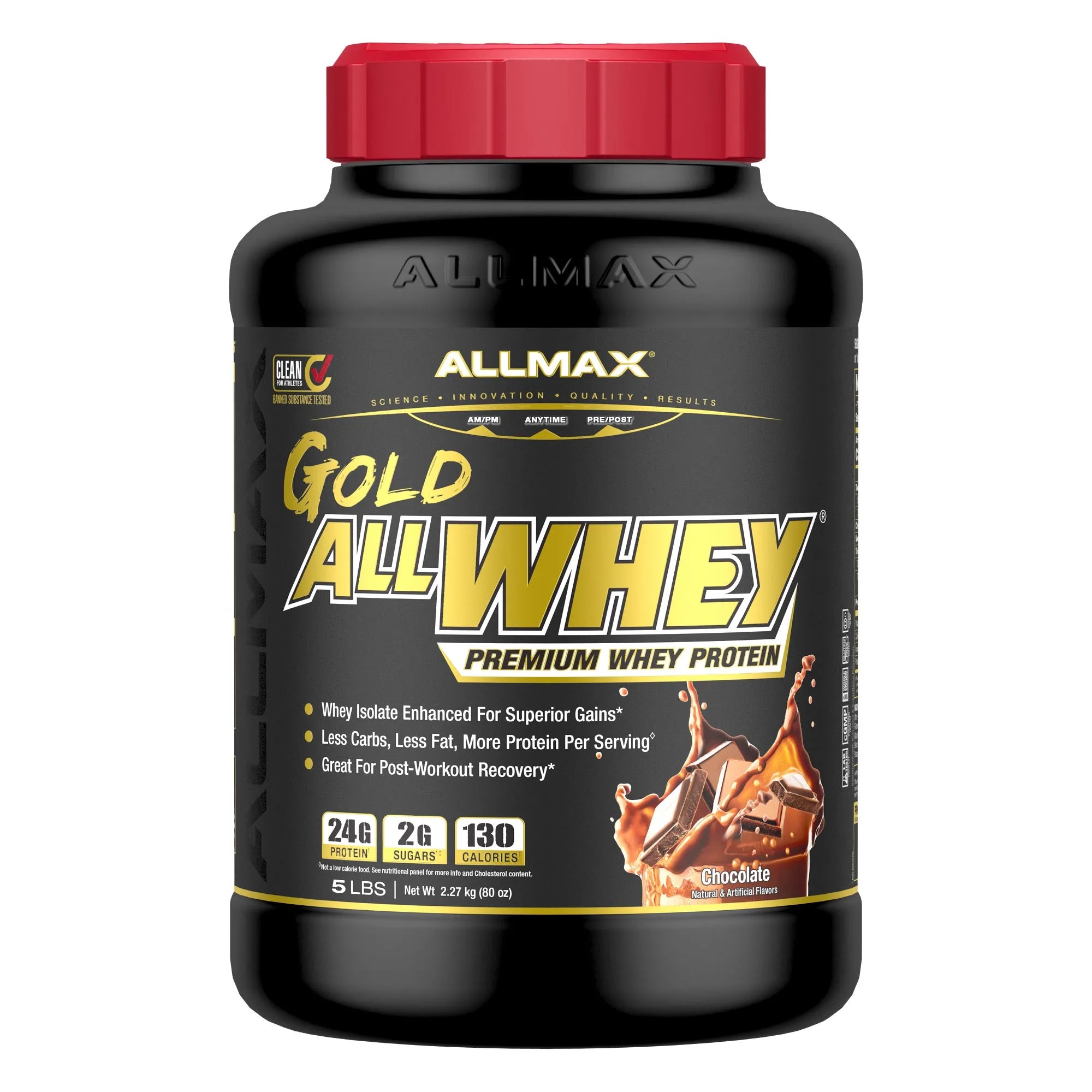 A 5 lb tub of Allmax Gold AllWhey Premium Whey Protein in chocolate flavor, featuring a black container with a red lid and a black label with gold and white text.