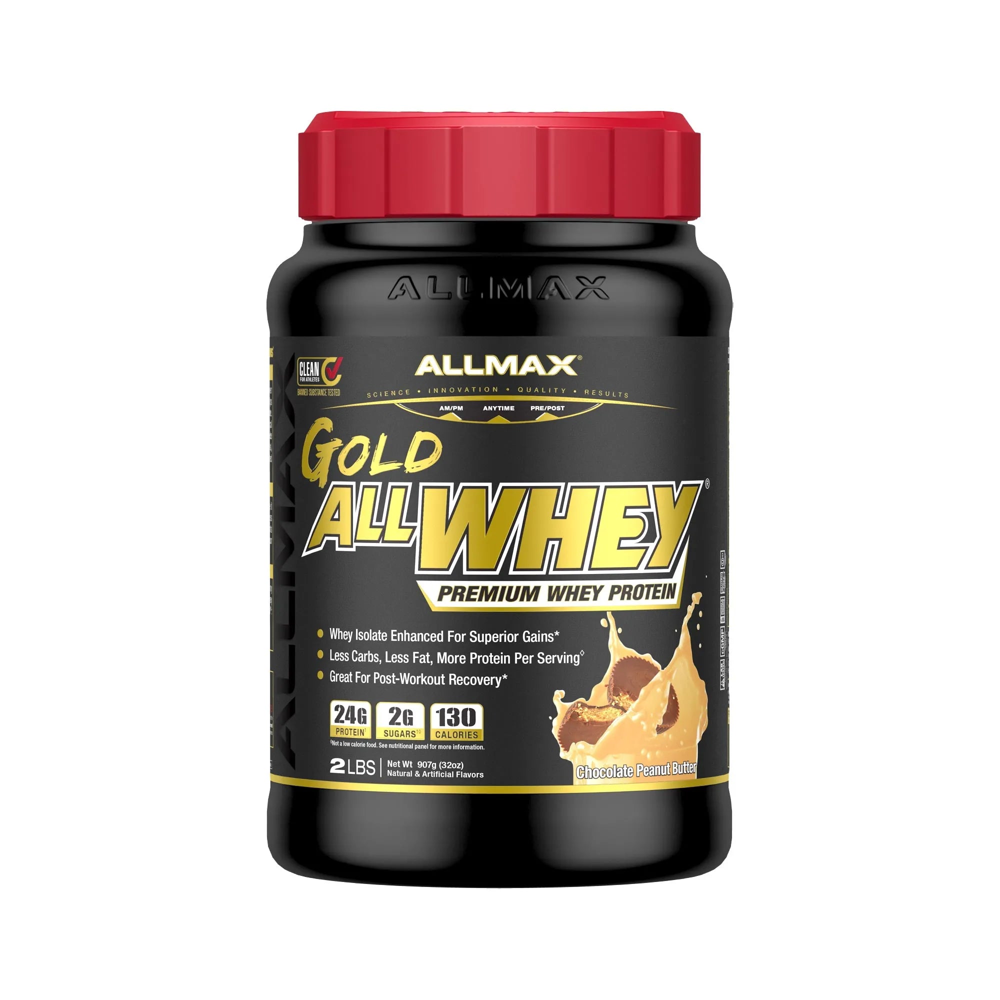 A black plastic tub of Allmax Gold AllWhey Premium Whey Protein with a red lid, shown on a plain white background.