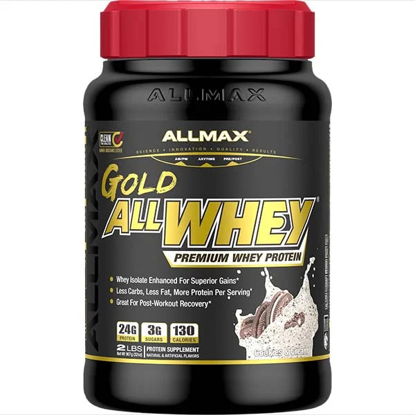 Allmax Gold AllWhey Cookies & Cream protein powder features whey isolate for superior muscle gains.