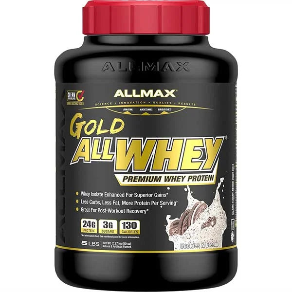 ALLMAX Gold AllWhey Cookies & Cream protein powder for superior muscle gains and post-workout recovery.