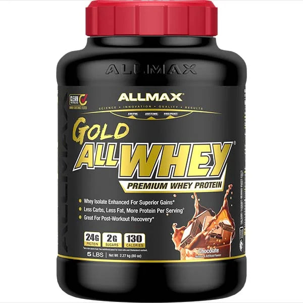 Allmax Gold AllWhey Chocolate Premium Whey Protein in a five pound tub for effective muscle recovery.