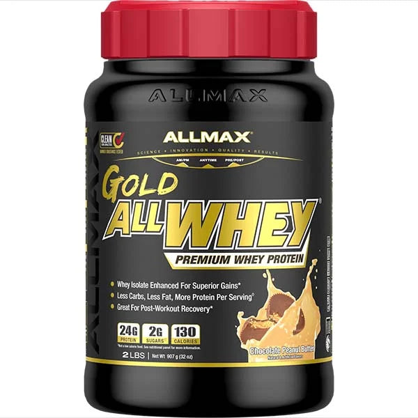 ALLMAX Gold ALLWHEY Chocolate Peanut Butter protein powder with 24g of protein for superior muscle recovery.