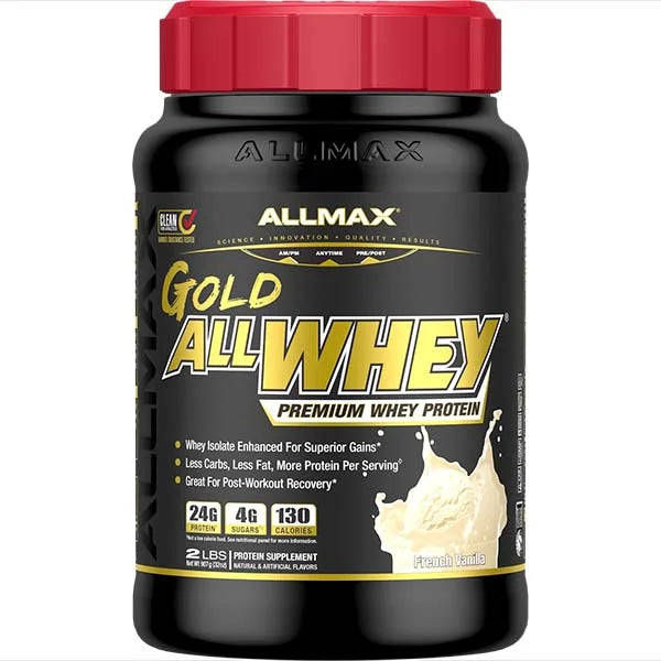 ALLMAX Gold ALLWHEY Premium Whey Protein in French Vanilla for superior post-workout recovery.