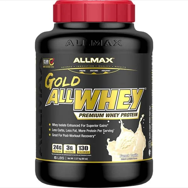 ALLMAX Gold AllWhey Premium Whey Protein in French Vanilla provides 24g of protein for post-workout recovery.
