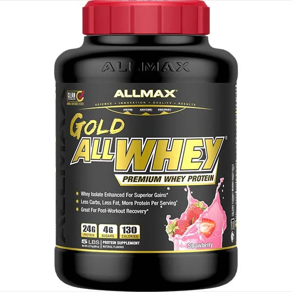Allmax Gold AllWhey Strawberry 5 lb tub provides 24g of protein per serving for post-workout muscle recovery.
