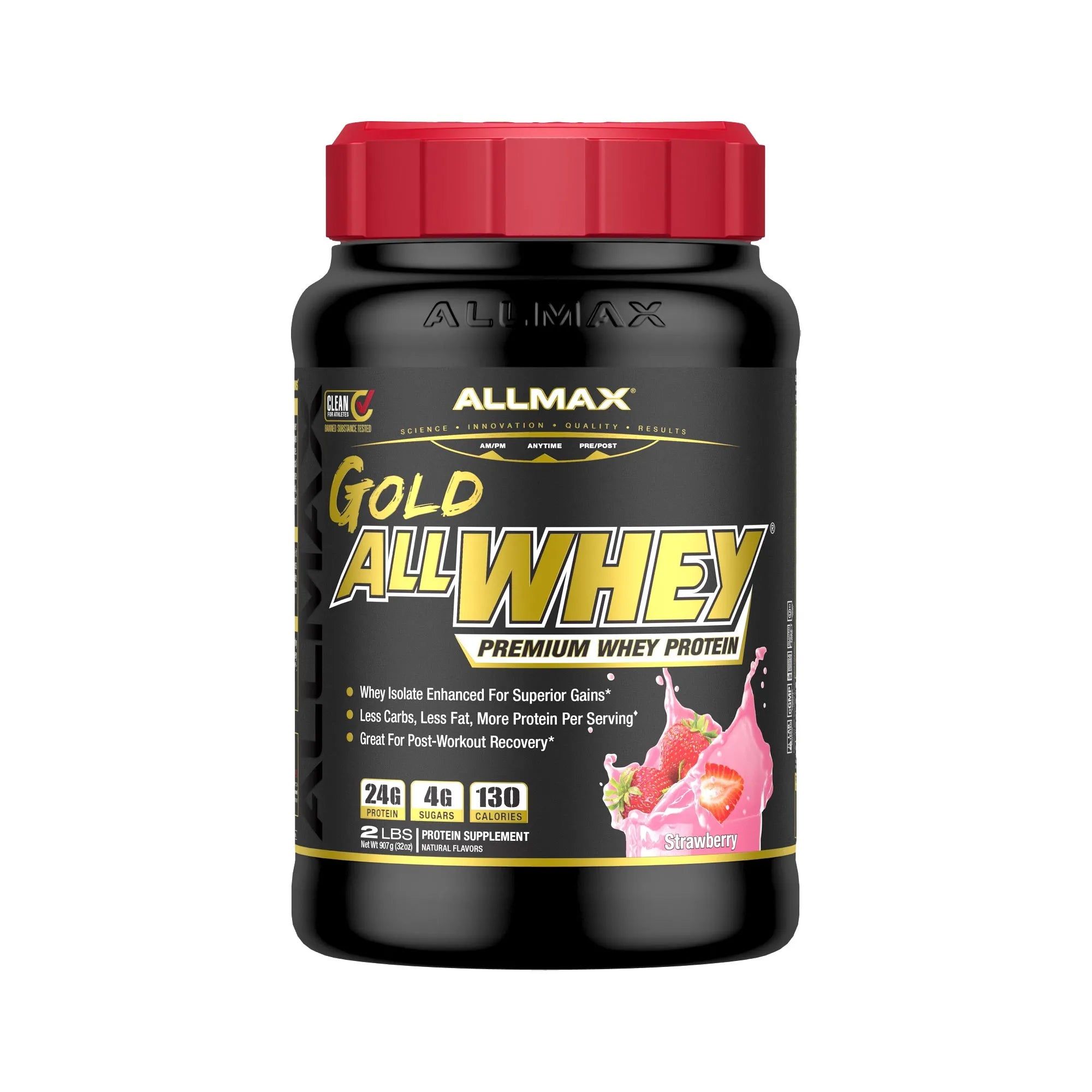 A black plastic tub of Allmax Gold AllWhey Premium Whey Protein with a red lid, shown on a plain white background.