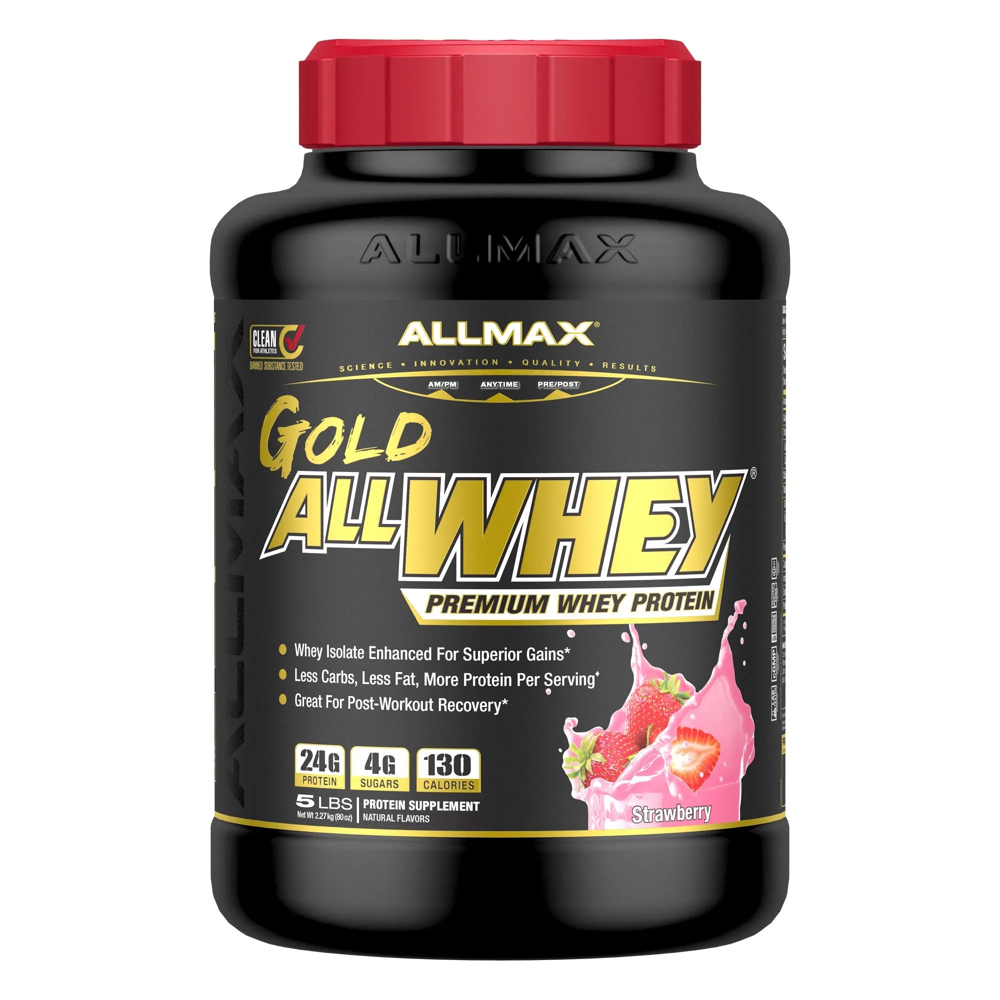A black tub of Allmax Gold AllWhey Premium Whey Protein in Strawberry flavor, featuring a red cap and a black label with gold and white text.