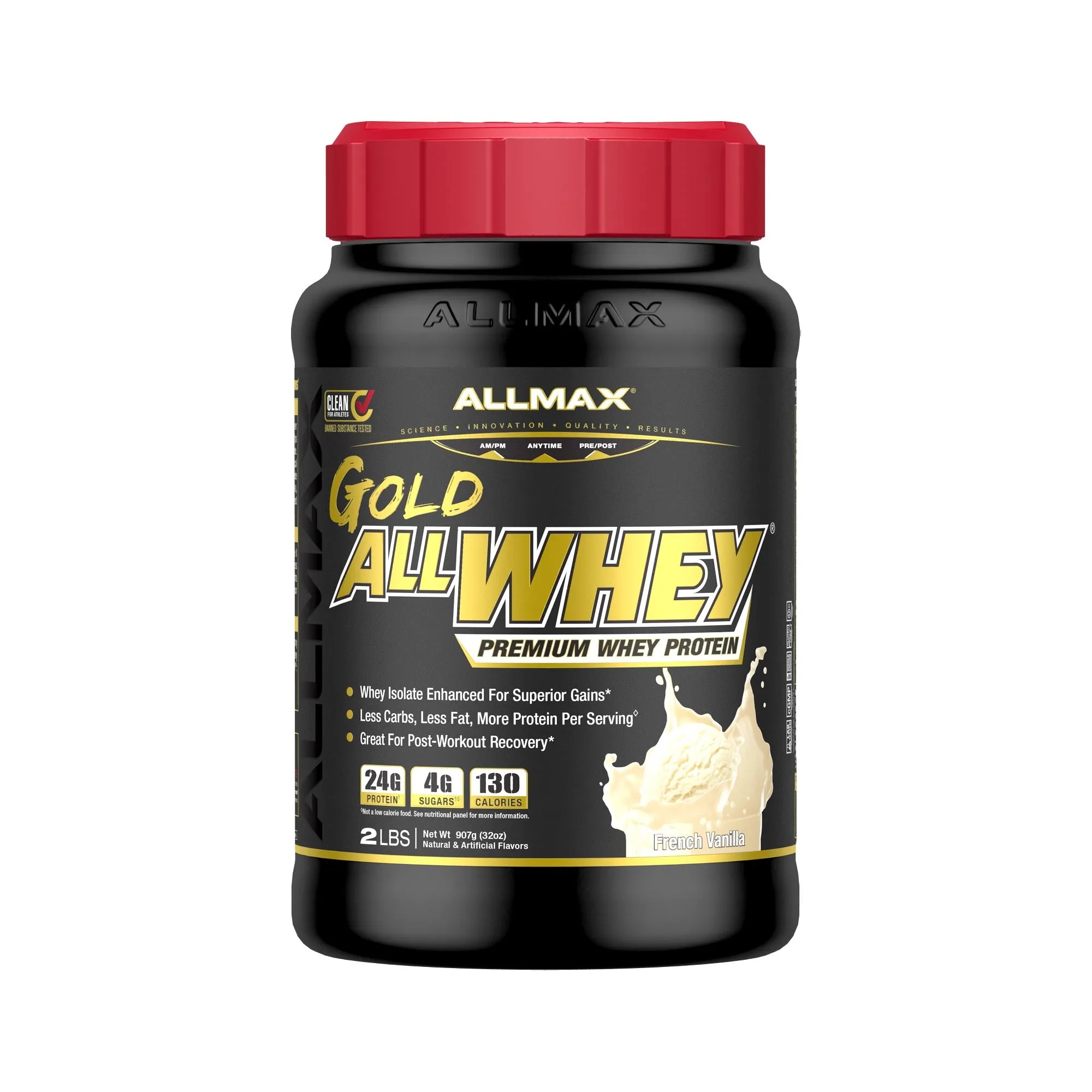 A 2 lb bottle of Allmax Gold AllWhey Premium Whey Protein powder. The product features a black plastic tub with a red ribbed cap and a black label with gold and white text, set against a plain white background.