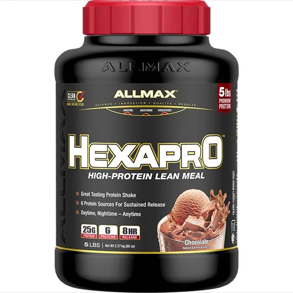 Allmax Hexapro chocolate protein shake with 25g of protein for sustained muscle recovery.