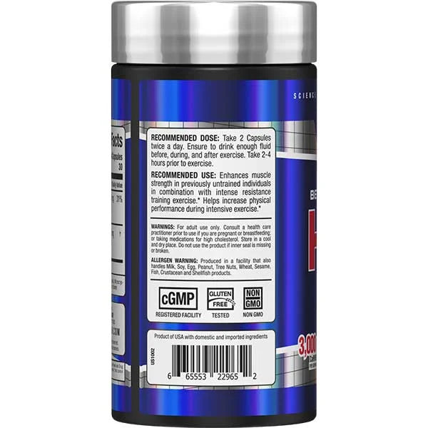 Allmax HMB 120 Capsules left view featuring usage directions and certifications for muscle strength support.