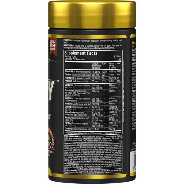 HydraDry water loss supplement right view showing nutritional facts and contest prep directions for fluid balance.