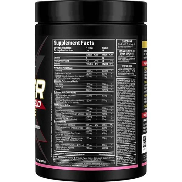 Allmax Impact Igniter Xtreme 2.0 side view showing Supplement Facts for explosive workout energy.