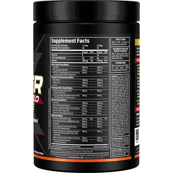 Impact Igniter Xtreme 2.0 Orange Krush right view showing supplement facts for extreme energy and pumps.
