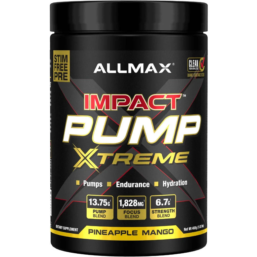 Allmax Impact Pump Xtreme Pineapple Mango stimulant-free pre-workout for enhanced endurance and hydration.