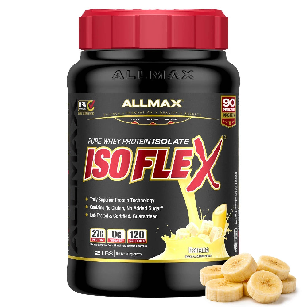 Allmax ISO FLEX protein supplement bottle with banana slices on a white background