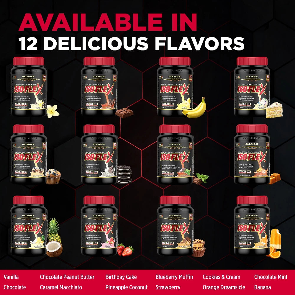 AllMax ISOFlex protein powder bottles with flavor names on a black background