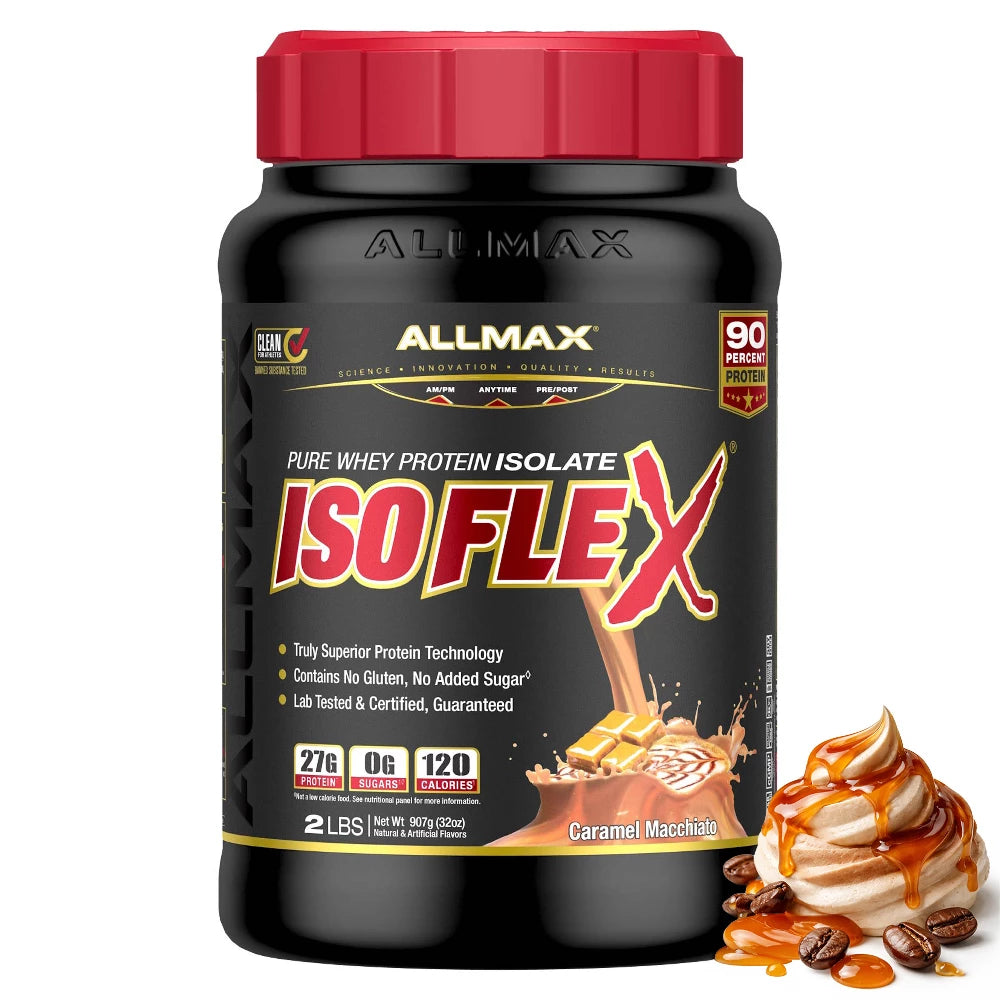 Allmax ISOFLEX protein supplement bottle with caramel macchiato flavor illustration on a white background