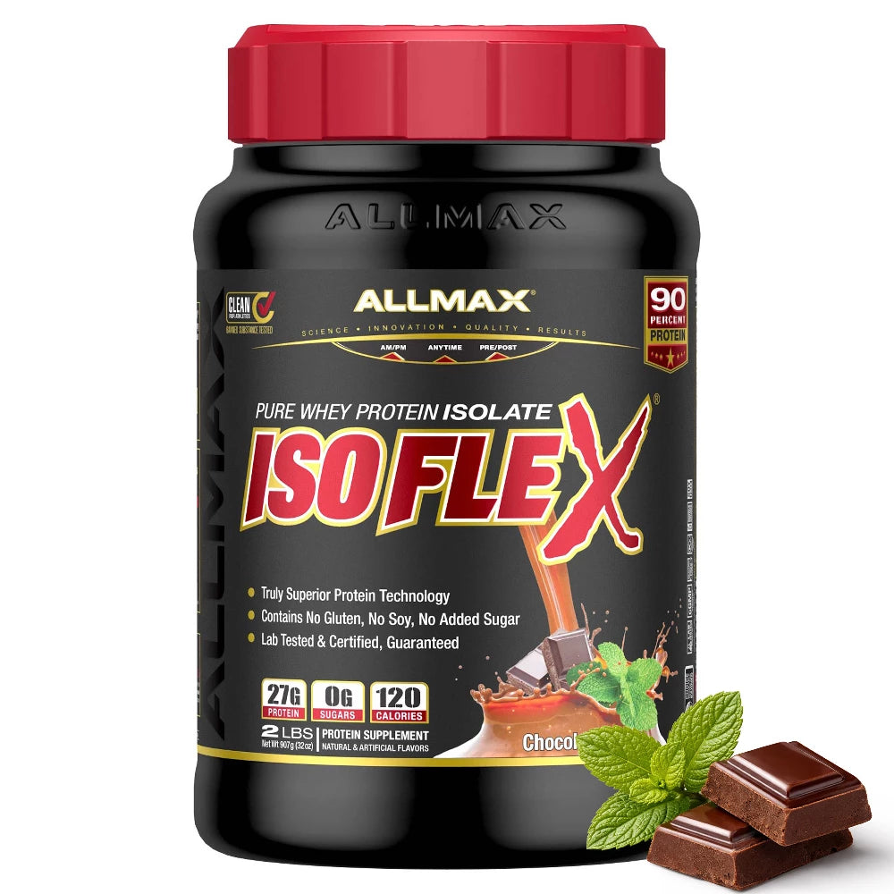 Allmax ISOFLEX protein supplement bottle with chocolate flavor indication