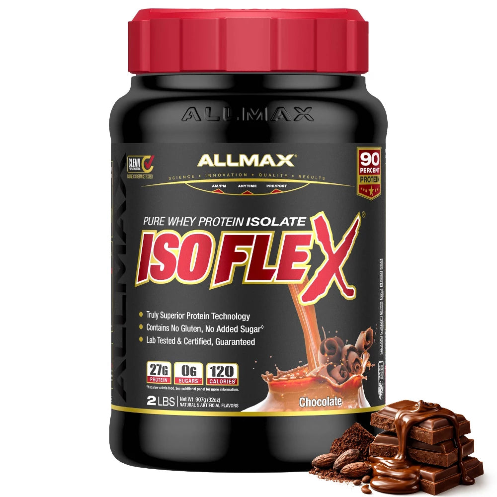 Allmax ISOFLEX protein supplement bottle with chocolate flavor indication on a white background