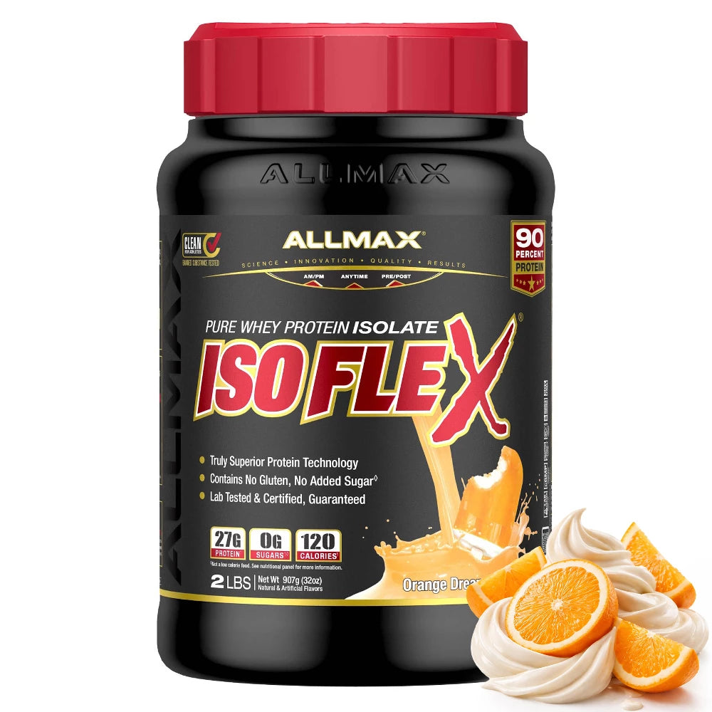 Allmax ISOFLEX protein supplement bottle with orange flavor depiction on a white background