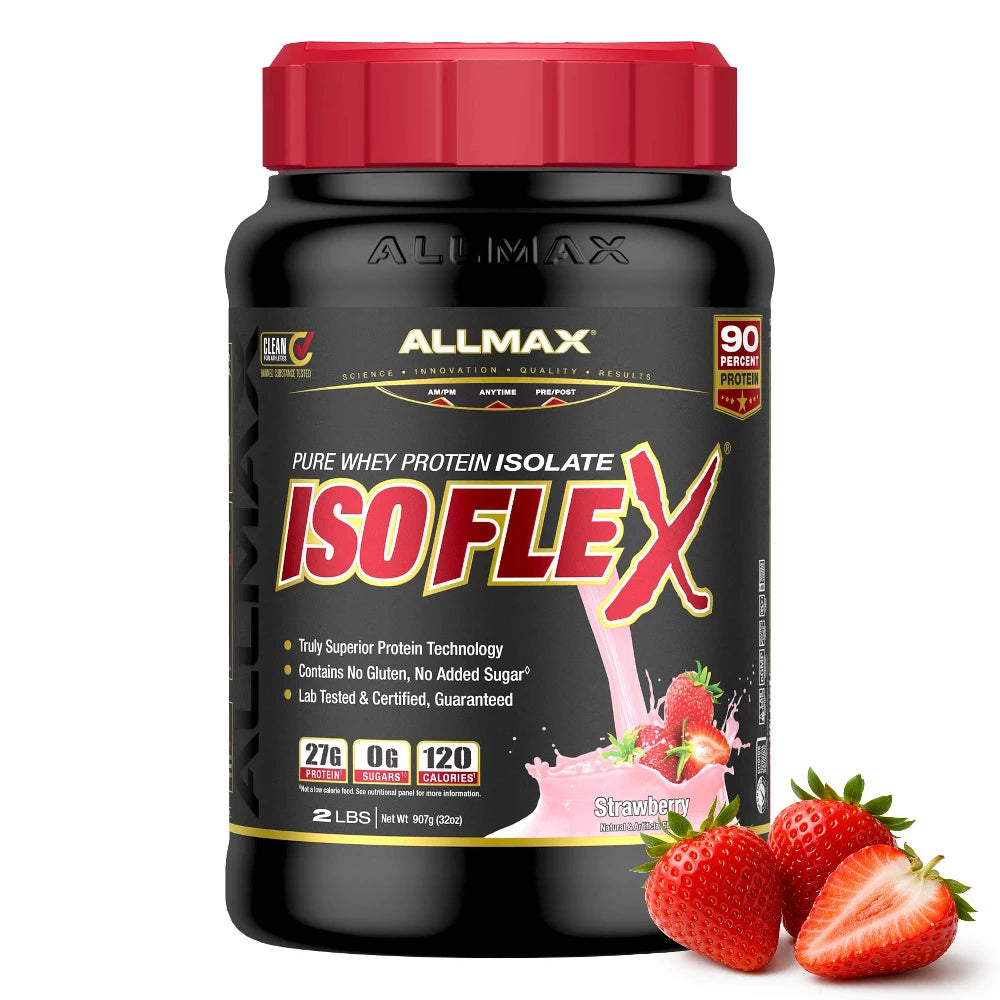 AllMax ISOFLEX protein supplement jar with strawberries on a white background