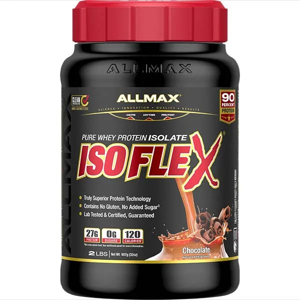 Allmax Isoflex Chocolate Whey Protein Isolate with 27g of protein for muscle recovery and growth.