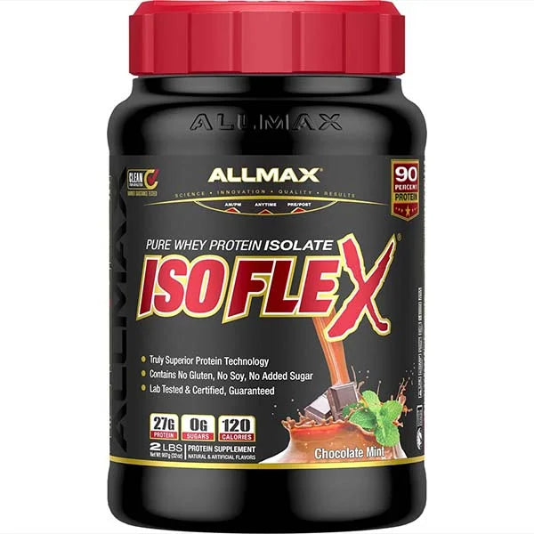 ALLMAX Isoflex Chocolate Mint whey protein isolate provides zero sugar nutrition for muscle recovery.